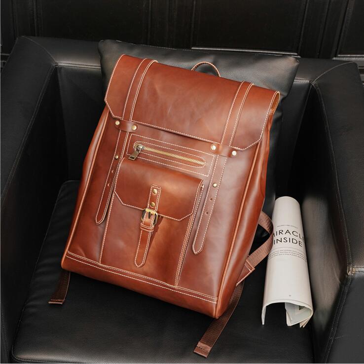 

wholesale men bag retro crazy horse leather backpack European and American fashion belt decorative messenger bags large solid color leathers computer handbag, Black