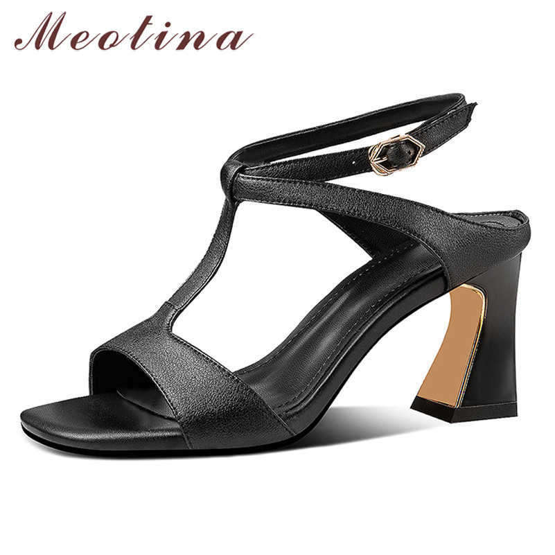 

Meotina Ankle Strap Natural Genuine Leather Sandals Square Toe T-tied Women Shoes Buckle Thick High Heels Sandals Female Summer 210608, White