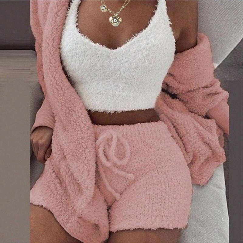 

women's Warm Gift Pajamas Sets Home Party Street Valentine's Day Polyester Plush Simple Soft Sport Strap Top Shorts Fall Long Sleeve Sleeveless G2XJ#, Creamy-white