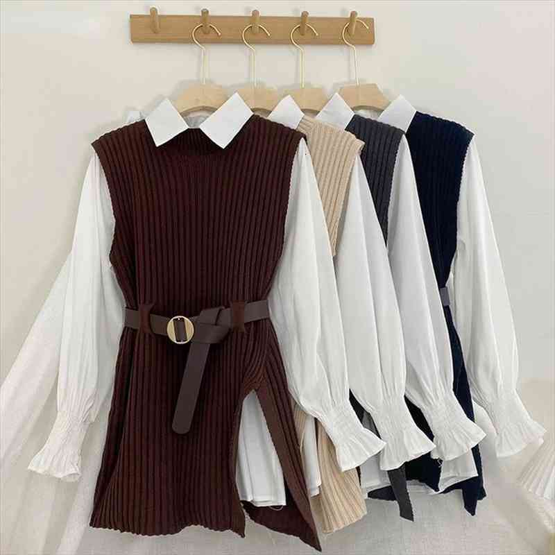 

Korean Fashion Women College Winter Autumn Knitted Sweater Vest White Blouse Casual Belt Suit 2pcs Set Office Lady Outfits, White;black