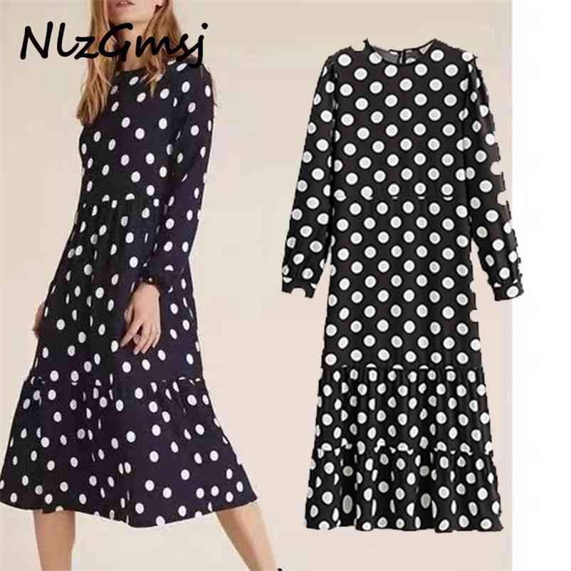 

Dres White Dots Print Puff Long Sleeve Ladies Midi Vestidos 210628, As picture