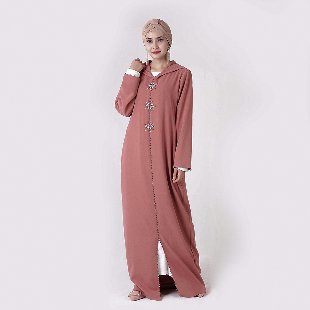 

Turkey Ethnic Muslim Dress Women Hooded Rhinestones Moroccan Split Hem Abaya Dress Long Robes Beading Arab Islamic Clothing