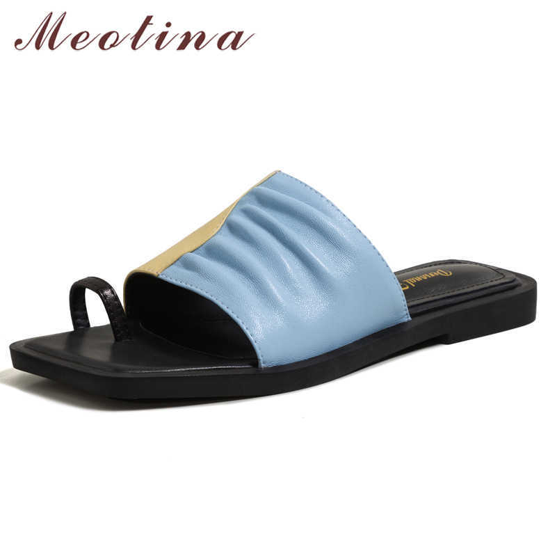 

Meotina Women Slippers Shoes Natural Genuine Leather Sandals Pleated Flat Shoes Square Toe Ladies Footwear Summer Blue Fashion 210608, Green