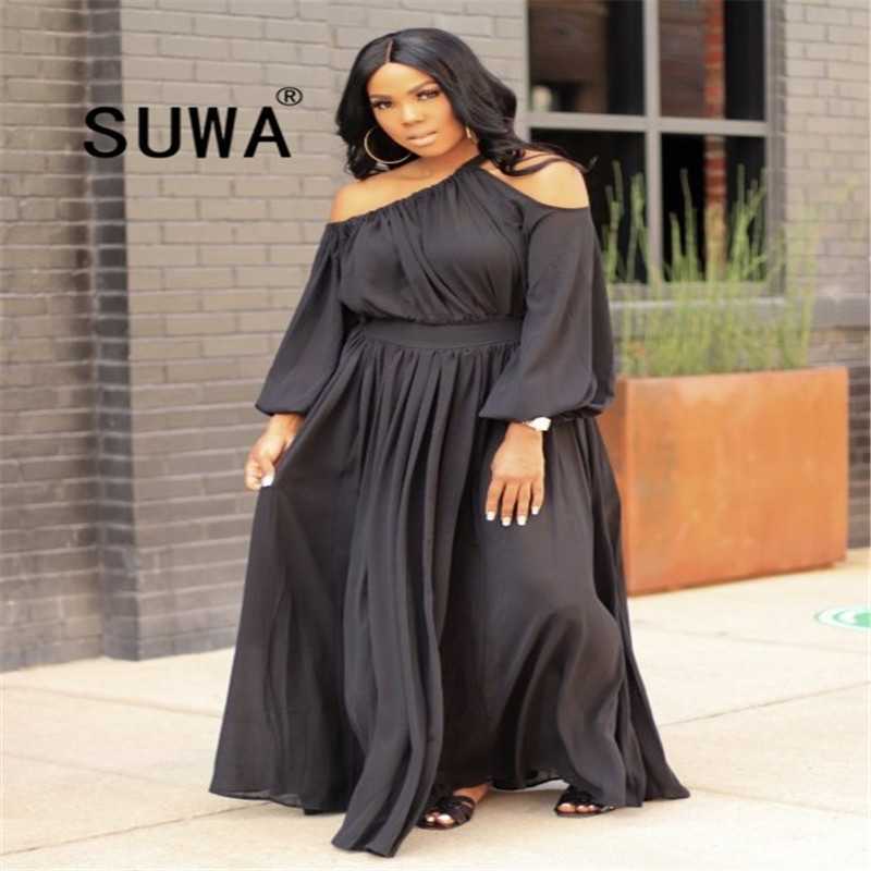 

Summer Dress Women Casual Long Off Shoulder Sleeve Elegant Evening Party Club Sexy Maxi 210525, Black