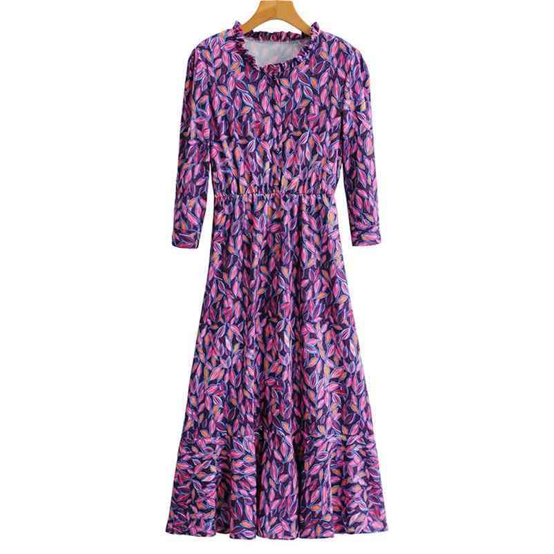 

Summer Women Long Dress Section Ladies' O-neck Sleeve Floral skirt Female Streetwear 210524, Purple
