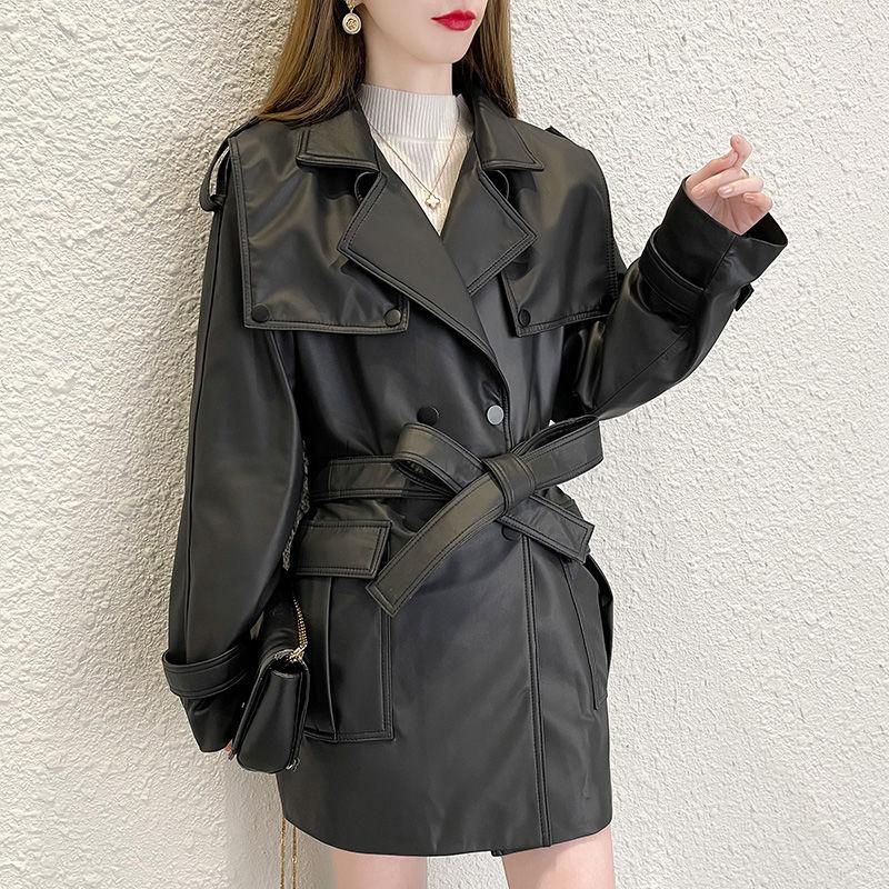 

Women's Leather & Faux Casual Genuine Sheepskin Soft Jacket Clothing Autumn Lace-up Waist Long Navy Collar Coat With Belt Double Breasted, Black