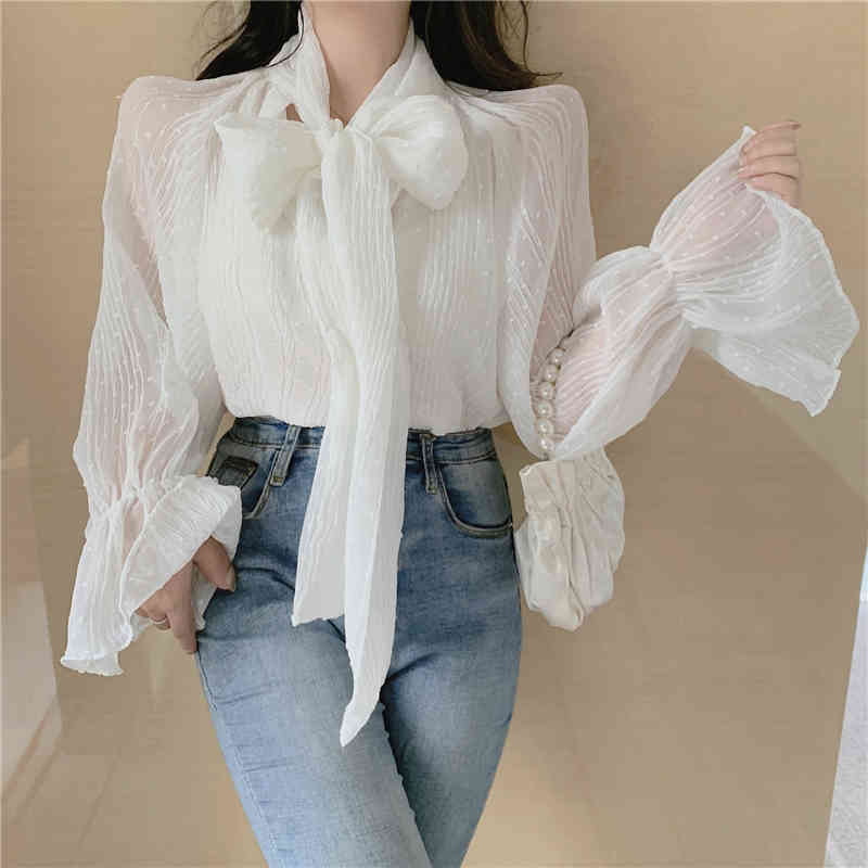 

Spring Fashion Women Sweet Tie Bow Chiffon Flare Sleeve Formal Korean Casual Elegant Blouse Female 210518, White