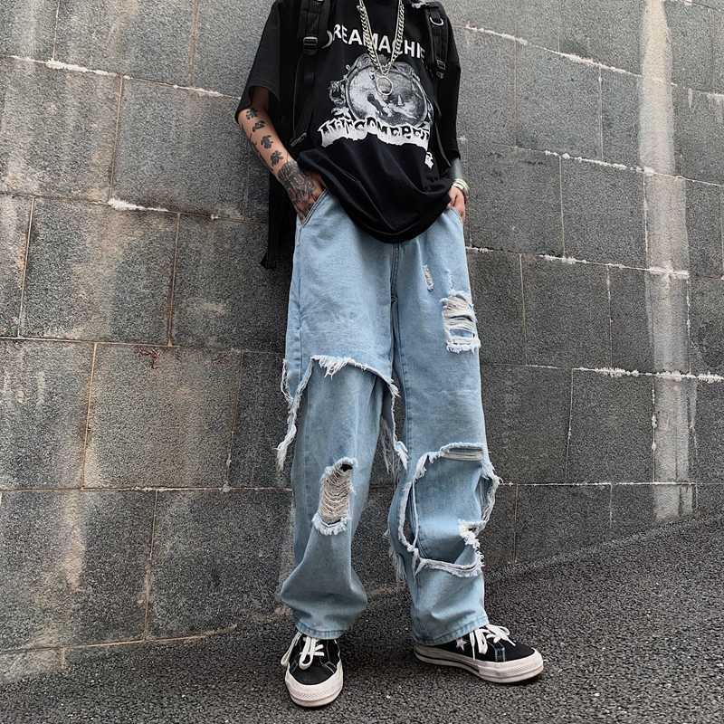 

Fake Two-piece Pants Streetwear High Waist Hole Jeans Loose Straight Wide Leg Women's Fashion 210615, Blue