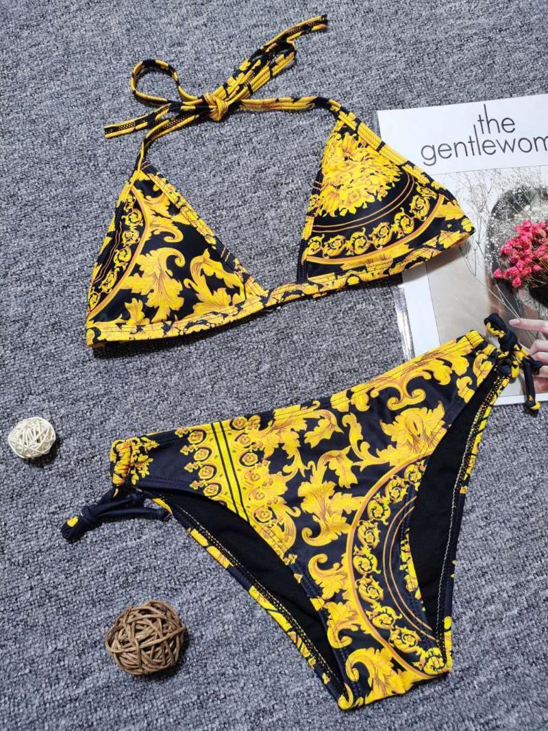 

Women Swimsuit Two Piece Swimwear Bikini Set Sexy Retro Golden Print Brazilian Bikinis Beachwear Bathing Suit Maillot One-Piece Suits