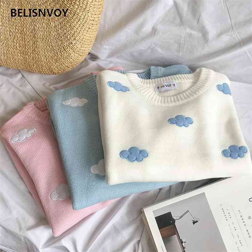 

Japanese Preppy Style Autumn Winter Knit Sweater Women Cloud Knitted Pullover Cute Kawaii Elegant Mori Girl Outerwear 210520, Mint