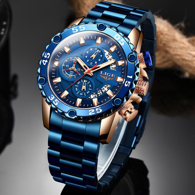 

Wristwatches LIGE 2021 Watch Men Fashion Blue Full Steel Big Dial Mens Watches Top Calendar Waterproof Sport Quartz Clock, Slivery;brown