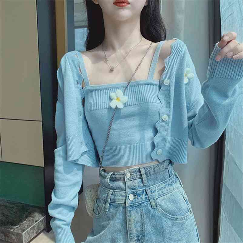 

2 Piece Set Women Cardigan Ribbed Knitted Camisole Outfits Autumn Flowers Short Tops Long Sleeve Cropped Camis Suit Sets 210519, Blue 2 piece set