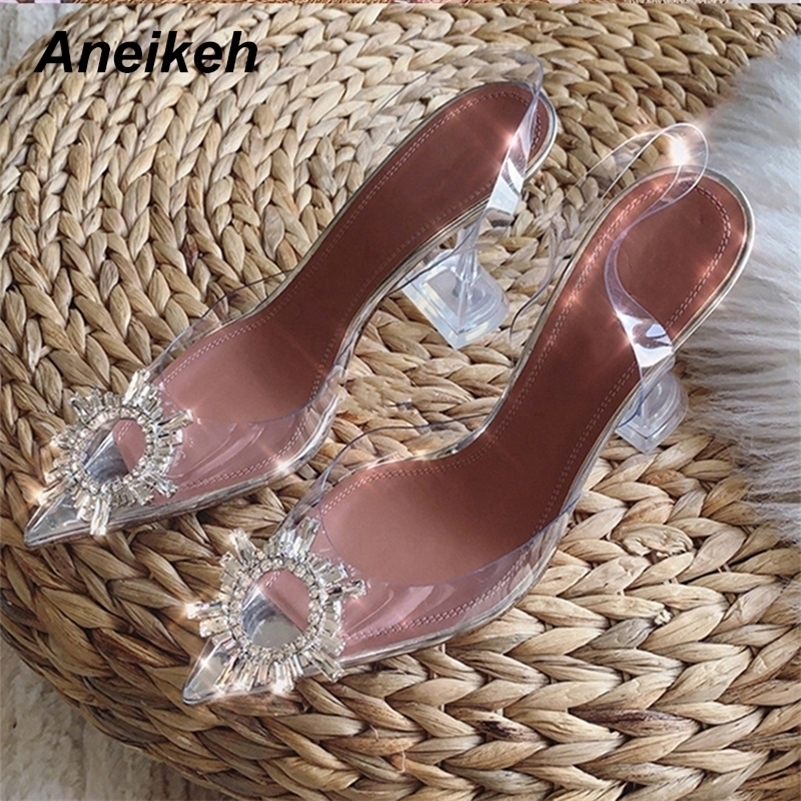 

Aneikeh Big Size 41 42 43 44 45 Fashion Clear PVC Sandals Women Shoes Rhinestone Sunflower High Heels Summer Back Strap Sandals 210319, Black