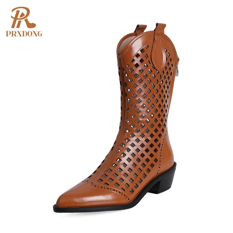 

Boots 2022 Spring Summer Women Mid Calf Black Brown Hollowed Out High Qulaity Pointed Toe Thick Med Heels Dress Party Shoes