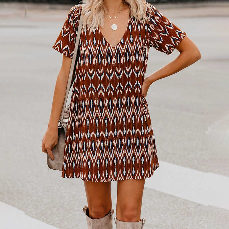 

Deep V Neck Short Sleeve Dress Women Vintage Print Above Length Casual Streetwear Summer Loose Plus Size Short Dresses 210608, Brown