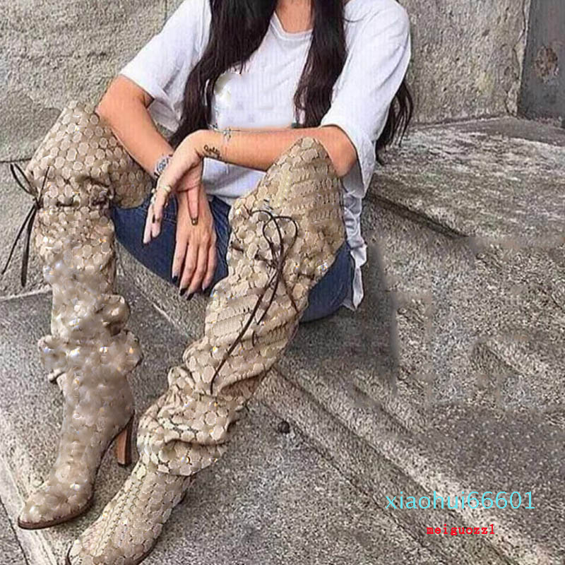 

2021 Brand Women's boots Designer Genuine Leather Red Beige Canvas over the knee boot's Zipper Laces Casual shoes High Heel Women lundf76bs0, Color 4