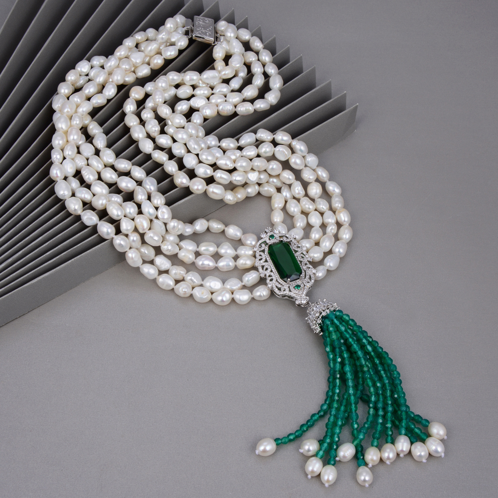 

GuaiGuai Jewelry 5 Strands White Baroque Freshwater Pearl Green Agate Necklace CZ Pave Plated Pendant Handmade For Women Real Gems Stone Lady Fashion Jewellery