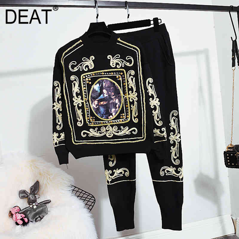 

Women Long Pants Arrivals Knitted Beading Personality Temperament Two Piece Set Fashion Spring Autumn 11D411 210525, Black
