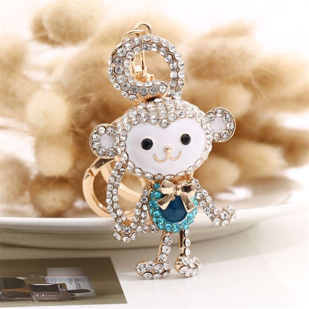 New cute long tail Monkey Pendant with diamond Zodiac monkey Metal Keychain-image-695424742