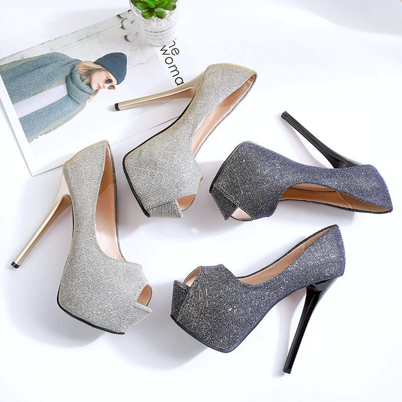 

Dress Shoes Women Pumps Classic Sequined Cloth Peep Toe High Heel 14CM Stilettos Platform Female Summer Lady Nightclubs Party, Dark grey