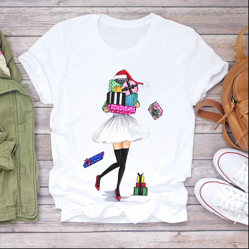

Women Christmas Womens T Shirt Gift Happy Time Fashion Cartoon 90s Holiday Print Lady Tshirt Ladies Graphic shirts Top Female, White