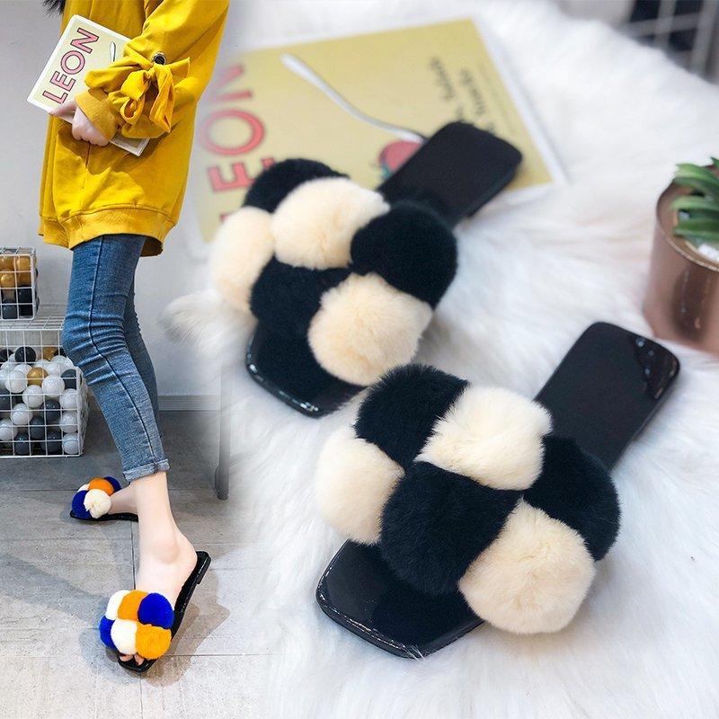 

Sandals 2021 Summer Color Plush Slippers Women's Outer Wear Style Zandalias Mujer Sandalias De Shoes For Women, Black