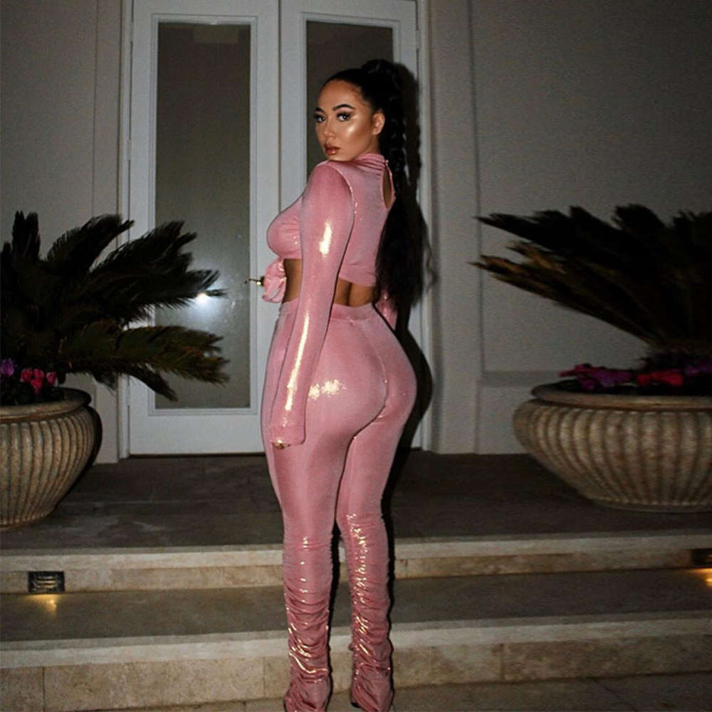 

Glossy Bandage Stacked Womens Outsuits Stand Neck Solid Color High Waist Pants Women Clothing 2 Piec, White