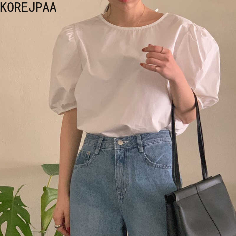 

Korejpaa Women Shirt Summer Korean Chic All-Match Round Neck Tie-Back Hollowed Careful Machine Loose Puff Sleeve Blouses 210526, White