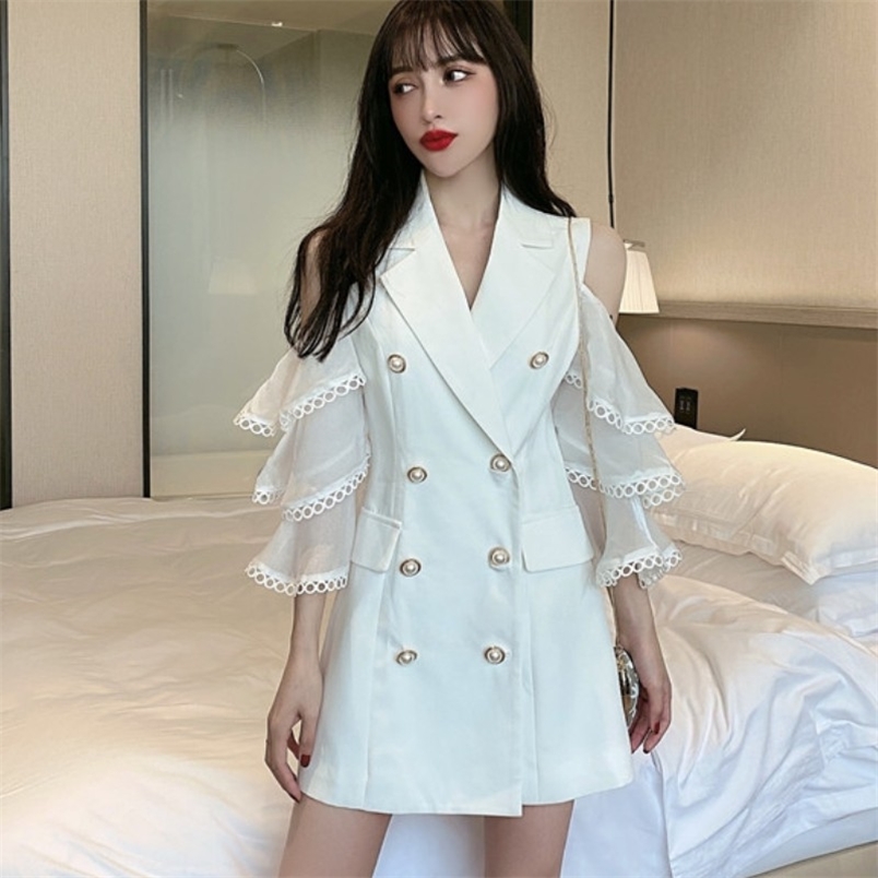 

Fashion Spring Women Elegant Sexy Off Shoulder Chiffon Flared Sleeve Patchwork Double Breasted Office OL Casual Mini Dress 210519, Black