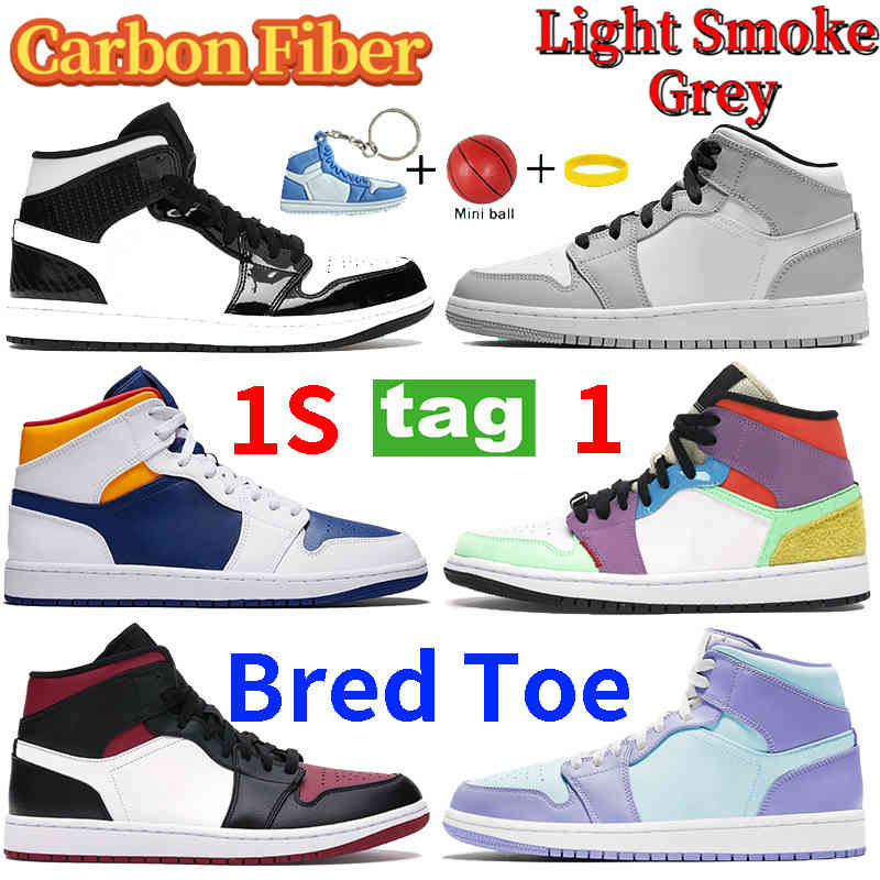 

Newest Mid carbon fiber Chicago Bred Toe 1s 1 basketball shoes light smoke grey white black multi-color sneakers men women trainers 36-46, 15.iridescent reflective white