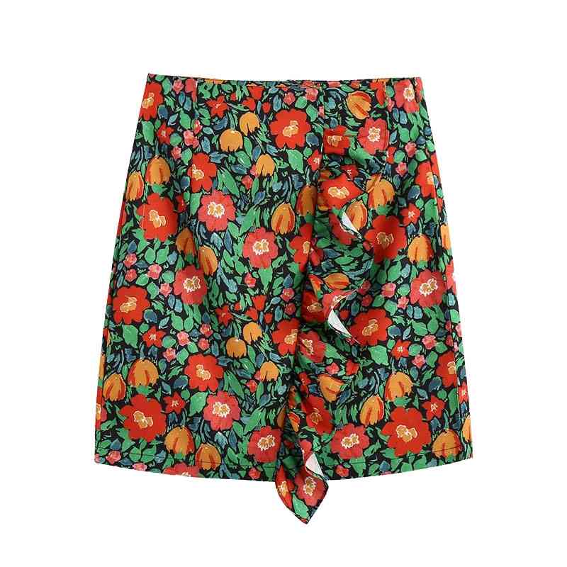 

Women Sweet Fashion Floral Print Ruffled Mini Skirt Vintage High Waist Side Zipper Skirts for Girls Outfit 210520, As picture