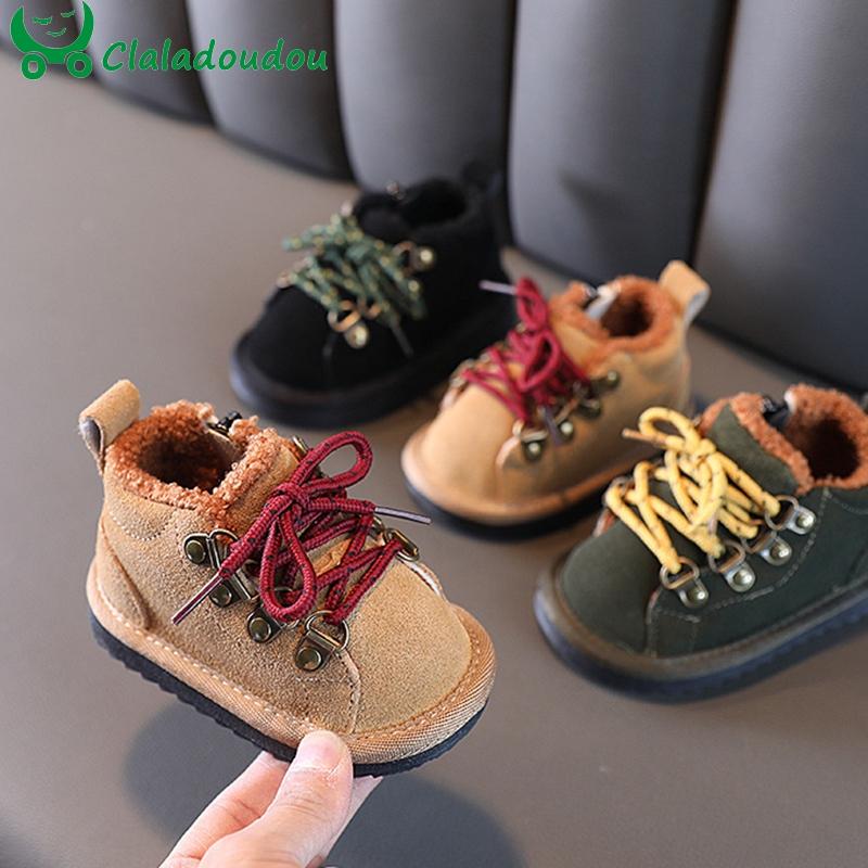 

Boots 12-15.5CM Brand Genuine Leather Baby Snow Boots,Solid Lace-up Warm Winter Shoes With Thick Plush For 0-3years Old Kids Girls Boy, Black;grey