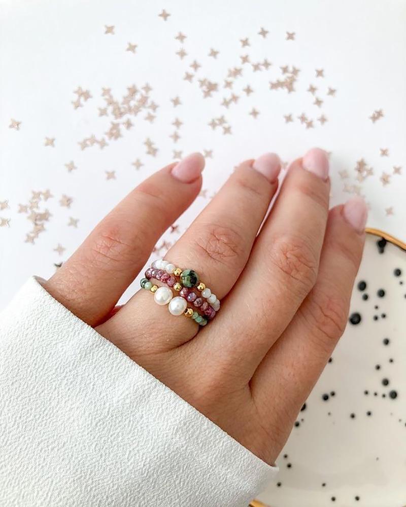 

Wedding Rings Shell Pearl Moonstone Ring Set Natural Stone Bead African Turquoise Stainless Steel Elastic Cord For Girls Women Party1