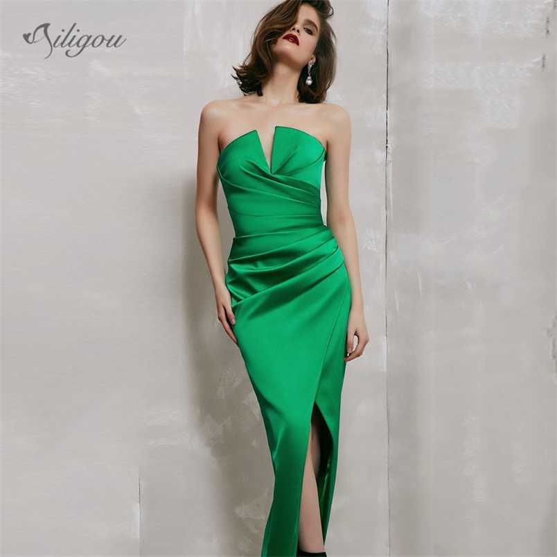 

Summer Women'S Fashion Strapless Dress Sexy Sleeveless Green Draped V-Neck Celebrity Party Long 210525