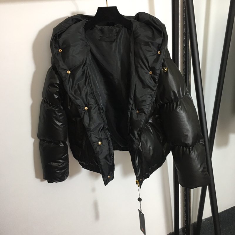 

Hooded Cotton Jacket Coat Parka Jackets Fashion Men Women Winter Feather Overcoat Down Double-sided Wear Bllack Gold Button, Black