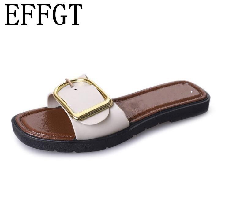 

Women Shoes Summer Slipper PU Leather Peep Toe Ladies Flat Sandals Female Beach Flip Flops Woman Slippers, Black