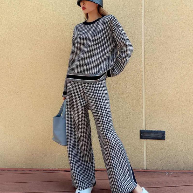 

Women's Tracksuits Luxury Designer 2 Piece Set Woman 2021 Spring Autumn Houndstooth Knitted Wool Blended Sweater + Pants Suit Women Sweat, Picture color