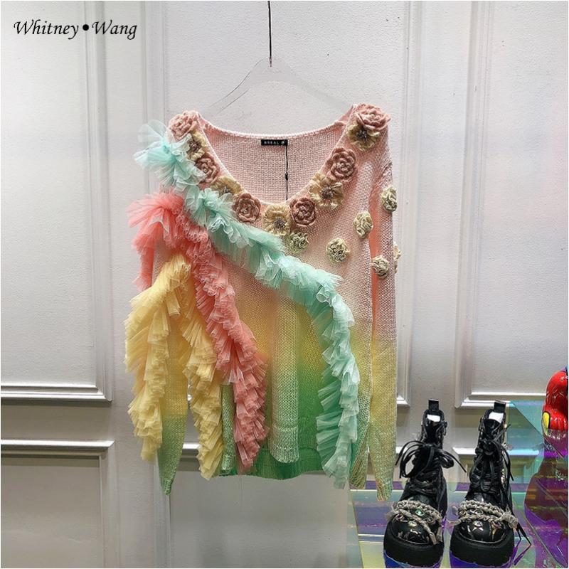 

Women's Sweaters WHITNEY WANG 2021 Autumn Fashion Streetwear Designer Style 3D Florals Colorful Mesh Ruffles Gradient Sweater Women Pullover, Multi