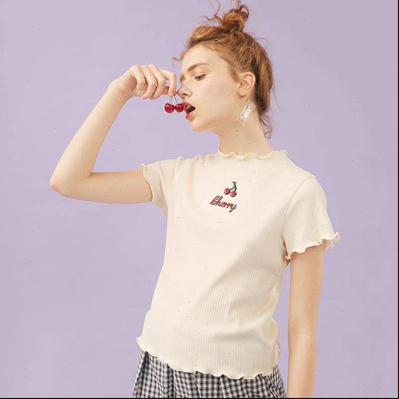 

women o neck knitted tee short sleeve cherry embroidery slim loose t shirts shirt summer autumn preppy fashion, White