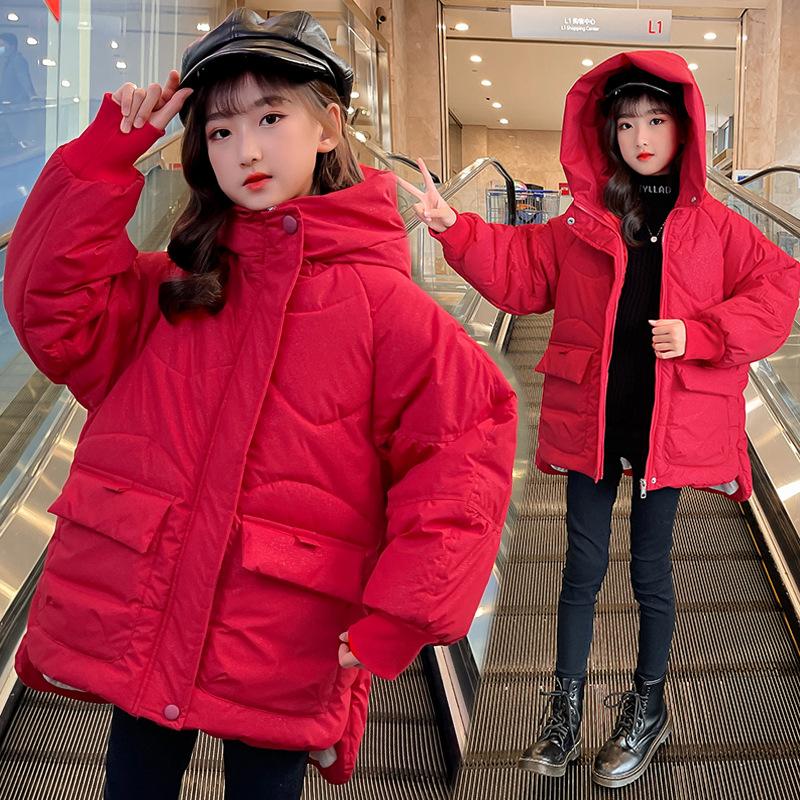 

Down Coat Girls Cotton Children's Winter 2021 Fashion Big Pocket Middle-Long Thickened Warm Hoodie Kids Clothing Child Overcoat, Blue;gray