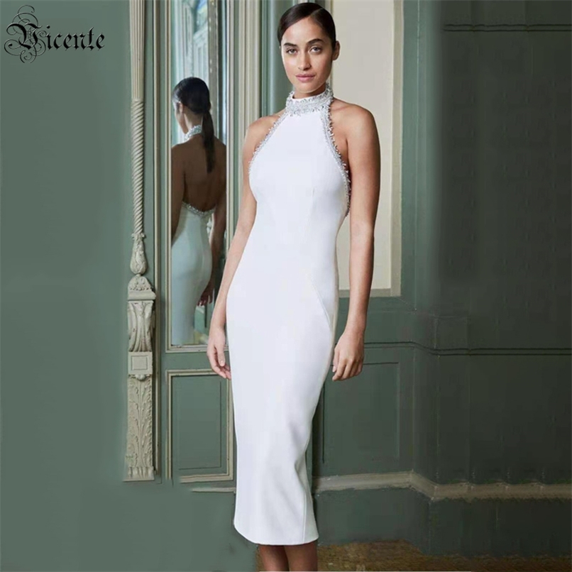 

Women's Dress Fashion Design Celebrity Party Cocktail Pearl Decoration Sleeveless Mid-length White Bandage 210520