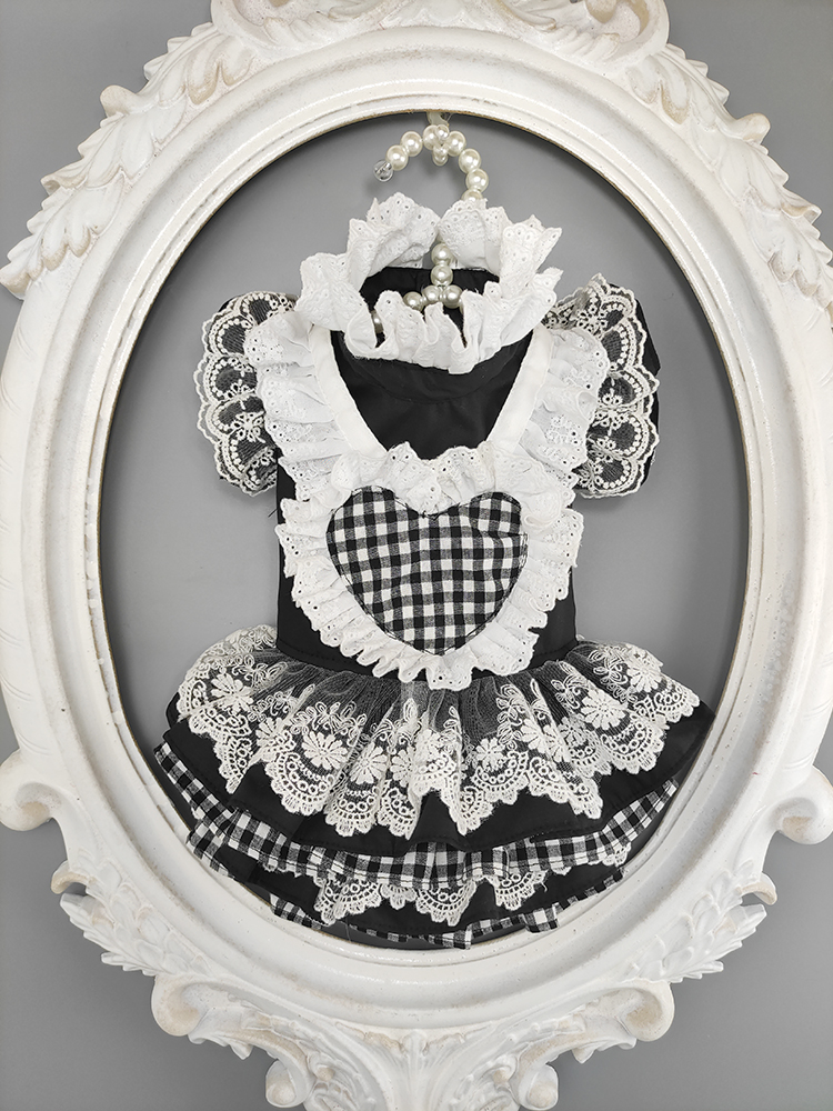 

Handmade Dog Apparel Clothes Pet Dress Black White Plaid Maid Outfit Cat Costume Lace Collar Sleeves Poodle Traveling
