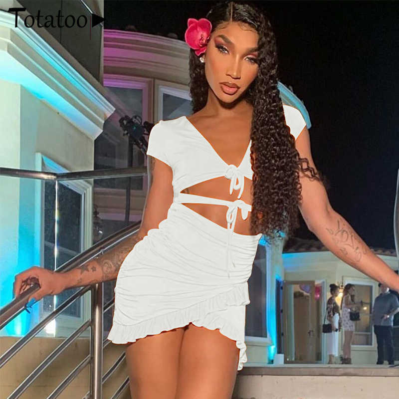 

Totatoop Lace Up V Neck Ruched Bodycon Mini Dress Women 2020 Summer Hollow Out Ruffles Sundress Beachwear Vestidos Y0603, 13 black