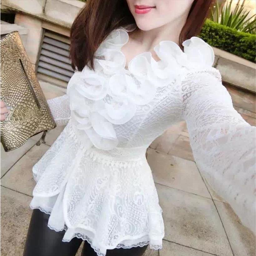 

spring autumn sweet floral lace women blouses long sleeve mesh ruffles lady slim short blusas sf929, White