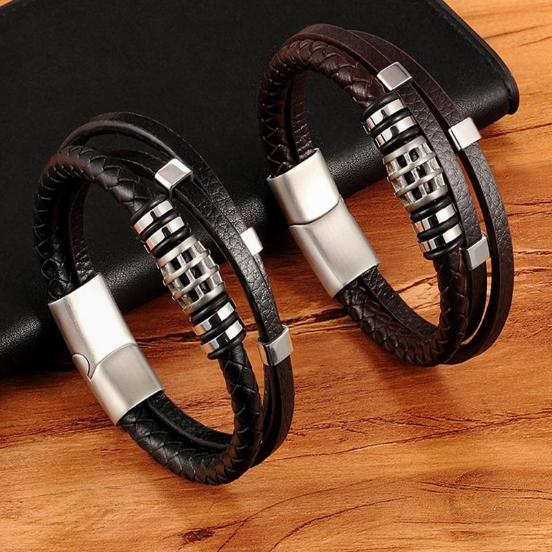 

Punk Style Personality Men Jewelry Genuine Leather Bracelet Black/Brown Color Multi Layer Stainless Steel Accessories Gift Anklets