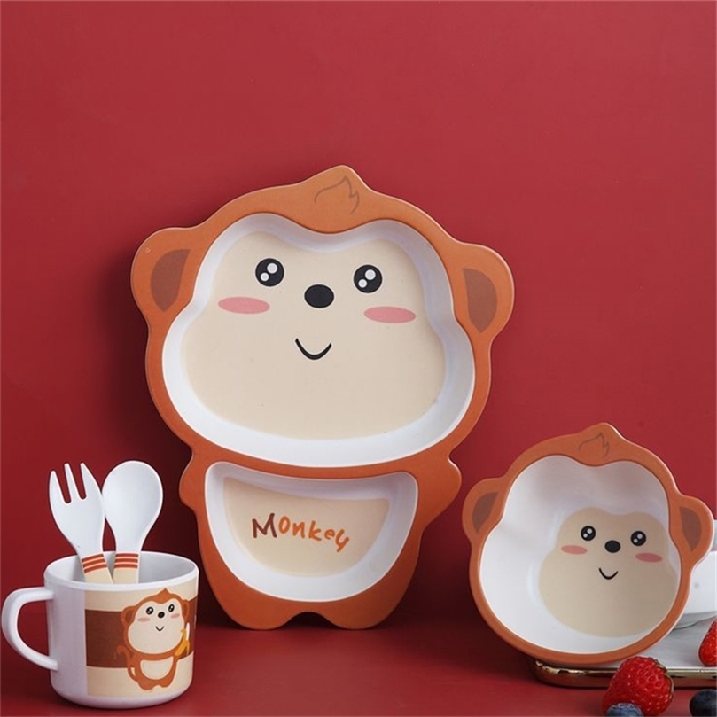 Baby Tableware Lovely Cartoon Children Feeding Dishes Kids Dish Bamboo Fiber Dinnerware Set With Bowl Fork Cup Spoon Plate 5Pcs 211026-image-735202461