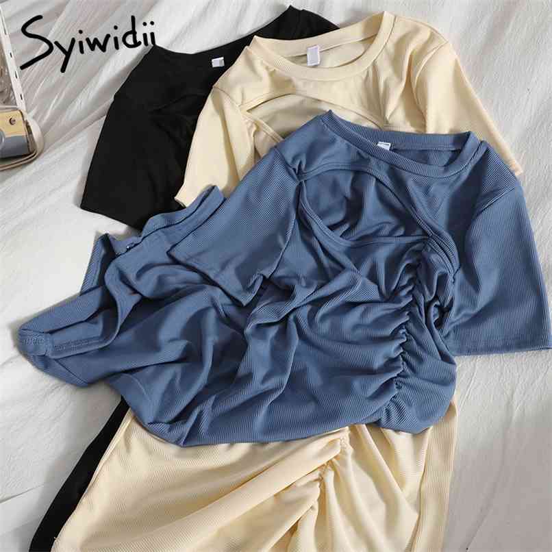 

Fashion Hollow Out High Waist Dresses Women Short Sleeve O-Neck A-line Folds Solid Black Clothes Summer Korean 210607, Blue