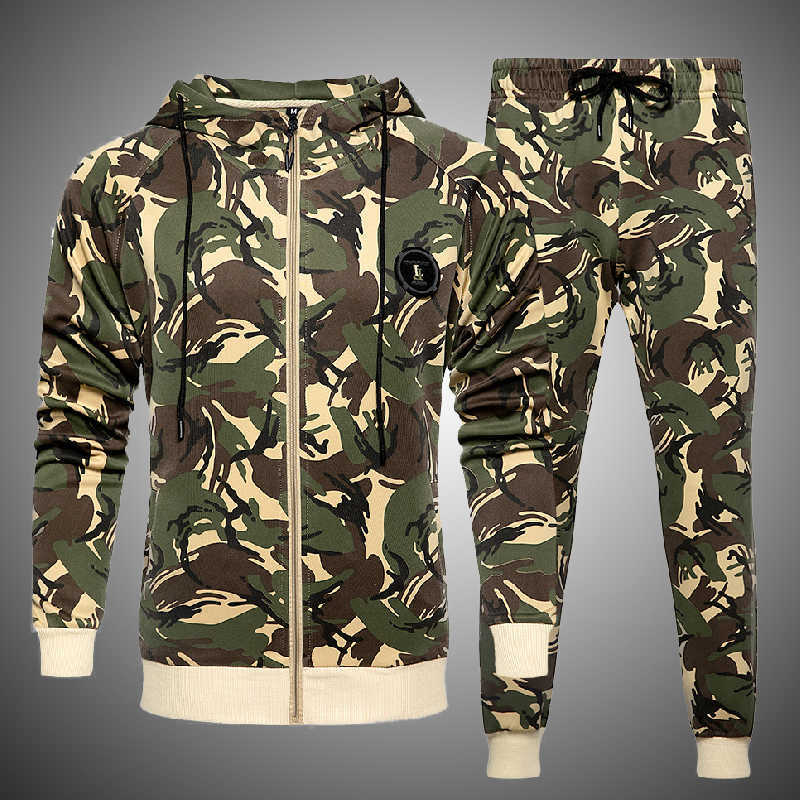 

Camouflage Patchwork Sets Men Hoode Camo Zipper Jacket+TrackingPants 2 Pieces Tracksuit men Causal Sportwear Hoodies 210603, Tz58green