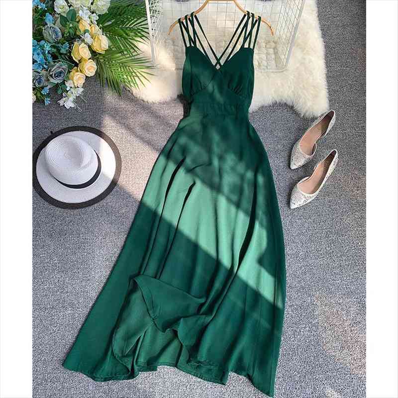 

summer solid green spaghetti strap dress vintage v-neck sleeveless party maxi dress elegant vocation beach vestidos, Black;gray