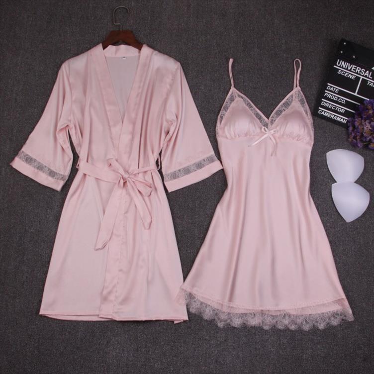 

autumn nightgown sets 2 womens sleepwears pieces nightdress bathrobe with chest pad female satin kimono bath gown pink robes suit, Black;red